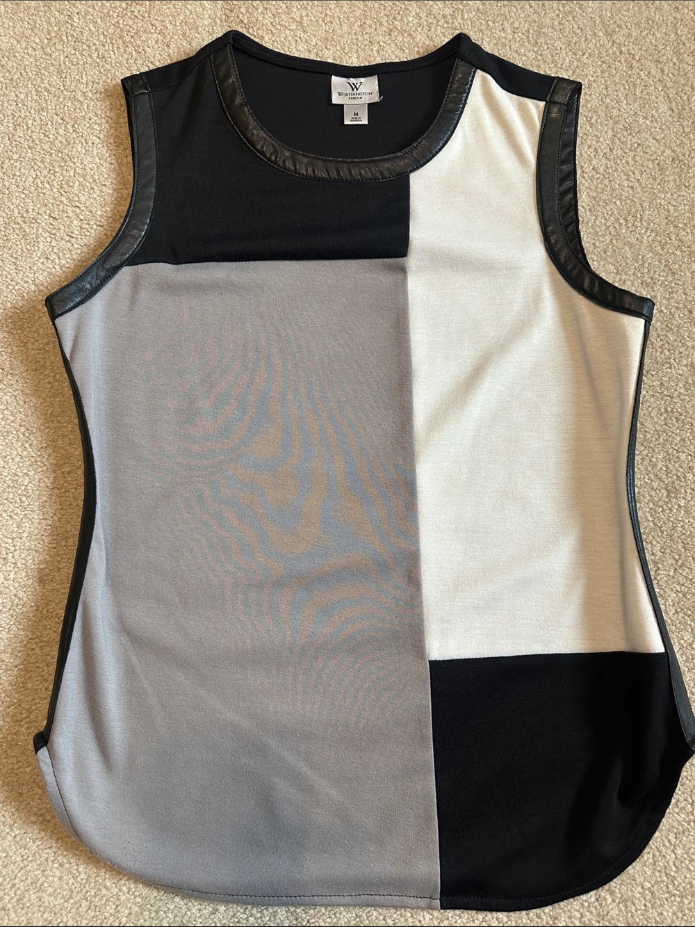 Worthington Black, Gray & White Colorblock Faux-Leather Trim Top
